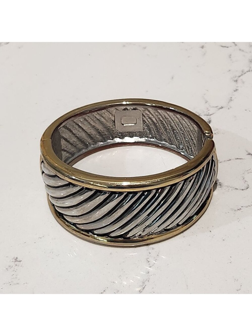 Women Silver & Gold Cable Chunky Hinge Bangle Bracelet